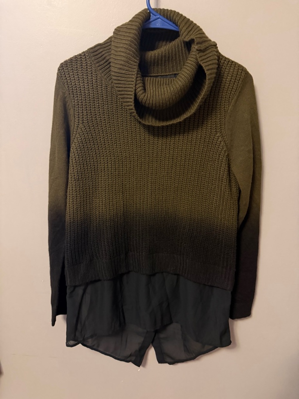 Rock & Republic Olive Green Cowl Neck Sweater with Sheer Hem